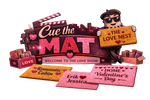 Promotional graphic for 'Cue the Mat' with doormats and a character holding a sign.